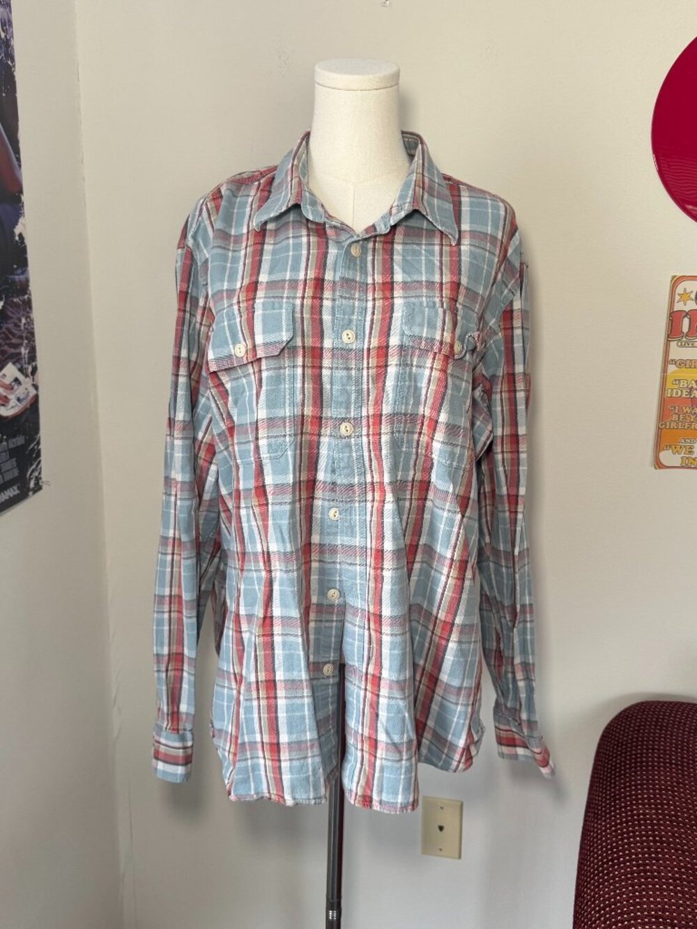 Eddie Bauer Classic Fit Light Blue, Red, and Tan Button Down Casual Plaid Shirt